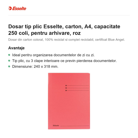 Dosar tip plic Esselte, carton, A4, capacitate 250 coli, pentru arhivare, roz [1]