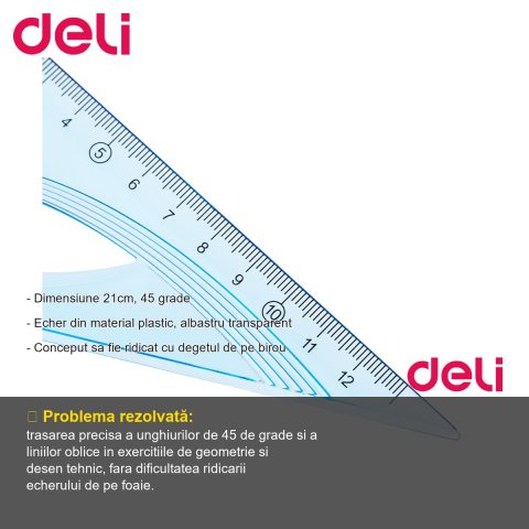 Echer Deli 45 grade, plastic albastru transparent, 12 cm, pentru desen tehnic si scoala [1]