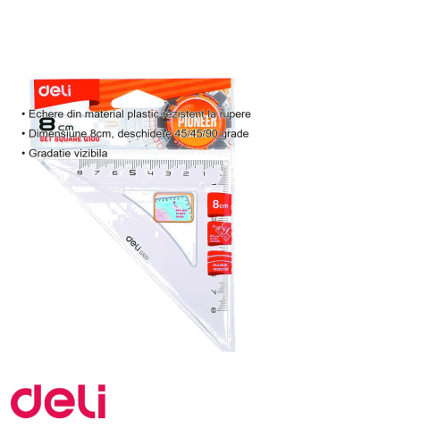 Echer plastic transparent Deli, 8 cm, unghi 45/45/90 grade, pentru scoala si desen tehnic [2]