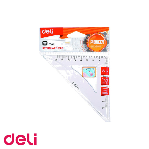 Birotica papetarie - Echer plastic transparent Deli, 8 cm, unghi 45/45/90 grade, pentru scoala si desen tehnic