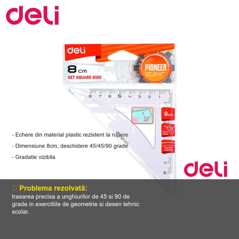 Echer plastic transparent Deli, 8 cm, unghi 45/45/90 grade, pentru scoala si desen tehnic [1]