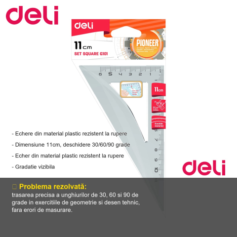 Echer transparent Deli, 11 cm, unghi 30/60/90 grade, plastic rezistent, pentru scoala si desen tehnic [1]