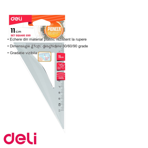 Echer transparent Deli, 11 cm, unghi 30/60/90 grade, plastic rezistent, pentru scoala si desen tehnic [2]