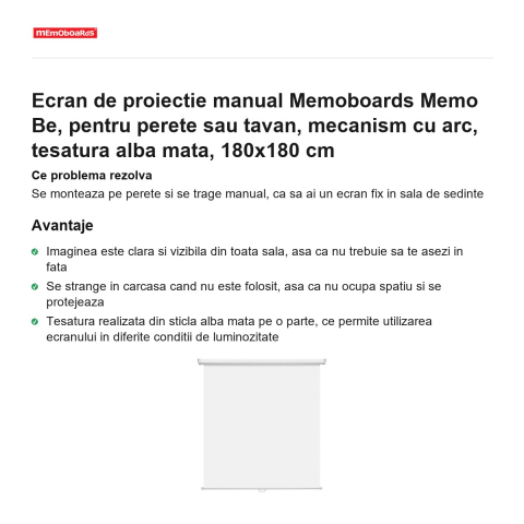 Ecran de proiectie manual Memoboards Memo Be, pentru perete sau tavan, mecanism cu arc, tesatura alba mata, 180x180 cm [1]