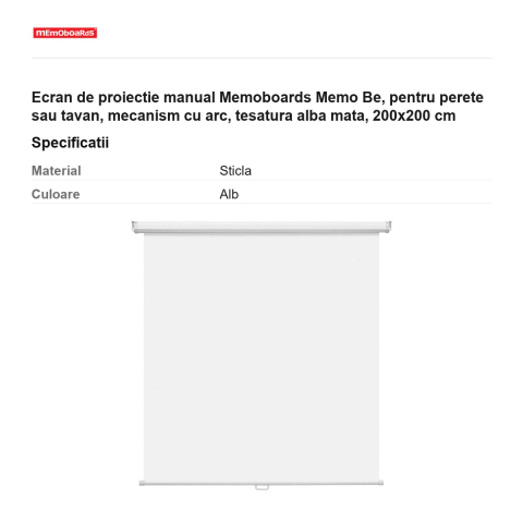 Ecran de proiectie manual Memoboards Memo Be, pentru perete sau tavan, mecanism cu arc, tesatura alba mata, 200x200 cm [2]