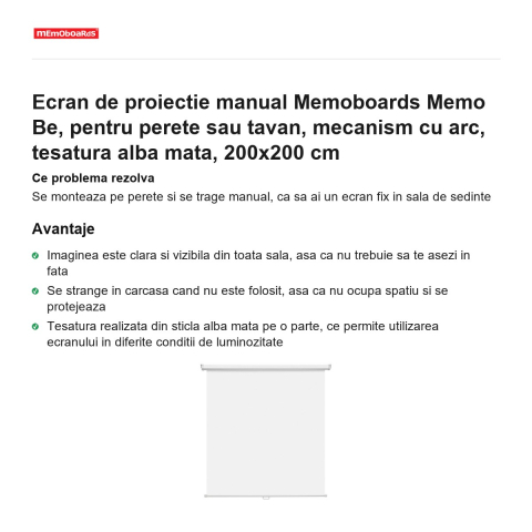 Ecran de proiectie manual Memoboards Memo Be, pentru perete sau tavan, mecanism cu arc, tesatura alba mata, 200x200 cm [1]