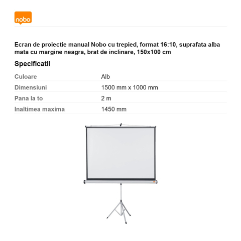 Ecran de proiectie manual Nobo cu trepied, format 16:10, suprafata alba mata cu margine neagra, brat de inclinare, 150x100 cm [2]