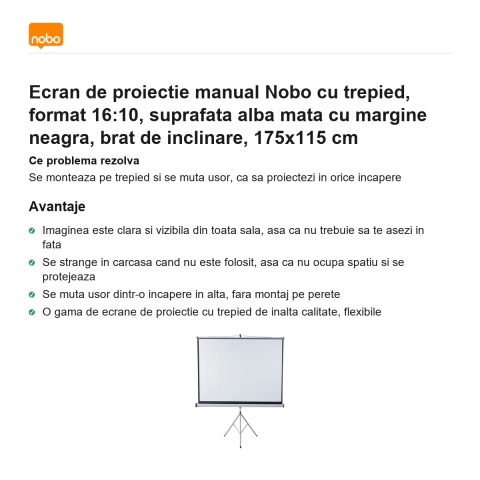 Ecran de proiectie manual Nobo cu trepied, format 16:10, suprafata alba mata cu margine neagra, brat de inclinare, 175x115 cm [1]