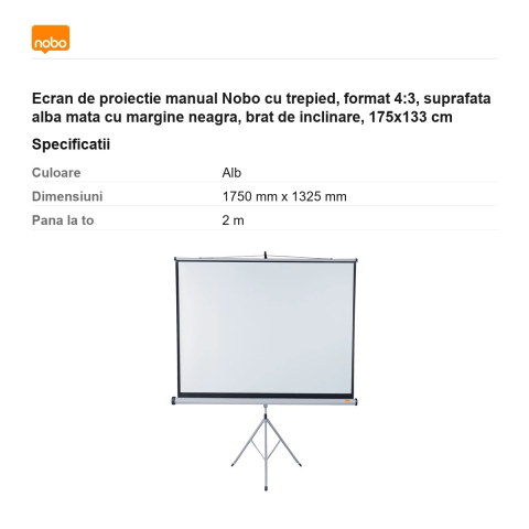 Ecran de proiectie manual Nobo cu trepied, format 4:3, suprafata alba mata cu margine neagra, brat de inclinare, 175x133 cm [2]