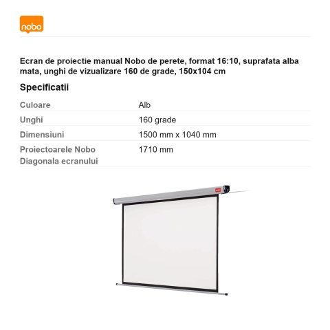 Ecran de proiectie manual Nobo de perete, format 16:10, suprafata alba mata, unghi de vizualizare 160 de grade, 150x104 cm [2]