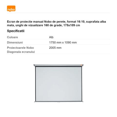 Ecran de proiectie manual Nobo de perete, format 16:10, suprafata alba mata, unghi de vizualizare 160 de grade, 175x109 cm [2]