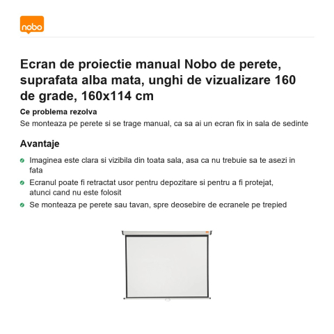 Ecran de proiectie manual Nobo de perete, suprafata alba mata, unghi de vizualizare 160 de grade, 160x114 cm [1]