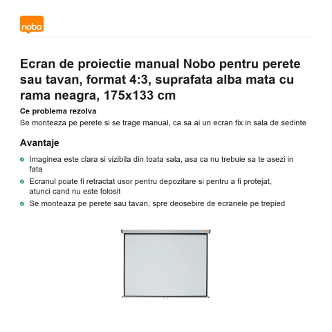 Ecran de proiectie manual Nobo pentru perete sau tavan, format 4:3, suprafata alba mata cu rama neagra, 175x133 cm [1]