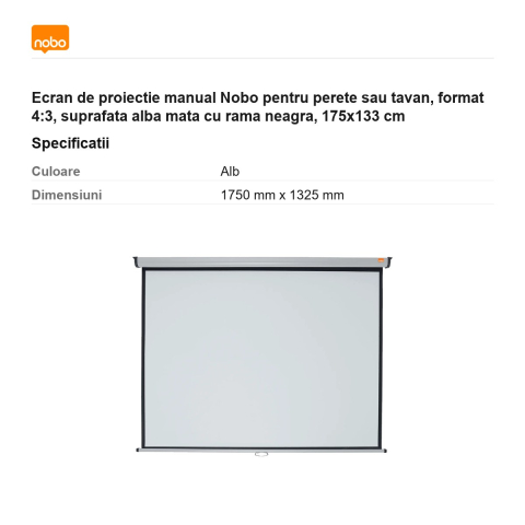 Ecran de proiectie manual Nobo pentru perete sau tavan, format 4:3, suprafata alba mata cu rama neagra, 175x133 cm [2]