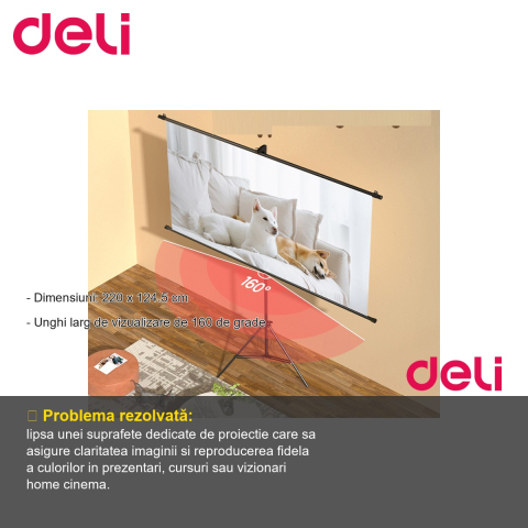 Ecran de proiectie manual pe trepied Deli, 220 x 124.5 cm (100 inch), unghi de vizualizare 160 grade, pentru prezentari si home cinema [1]