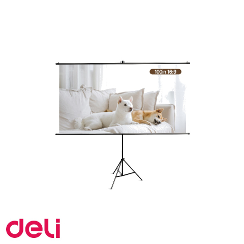 Ecrane de proiectie - Ecran de proiectie manual pe trepied Deli, 220 x 124.5 cm (100 inch), unghi de vizualizare 160 grade, pentru prezentari si home cinema