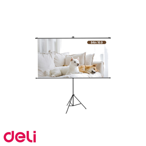 Ecrane de proiectie - Ecran proiectie manual pe trepied Deli, 84 inch (186 x 104.5 cm), unghi vizualizare 160 grade, pentru prezentari si home cinema