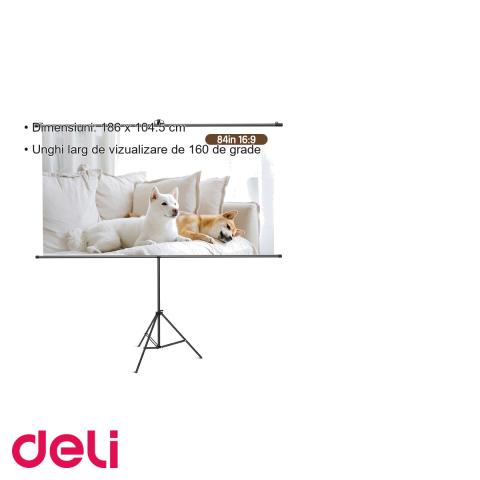Ecran proiectie manual pe trepied Deli, 84 inch (186 x 104.5 cm), unghi vizualizare 160 grade, pentru prezentari si home cinema [2]