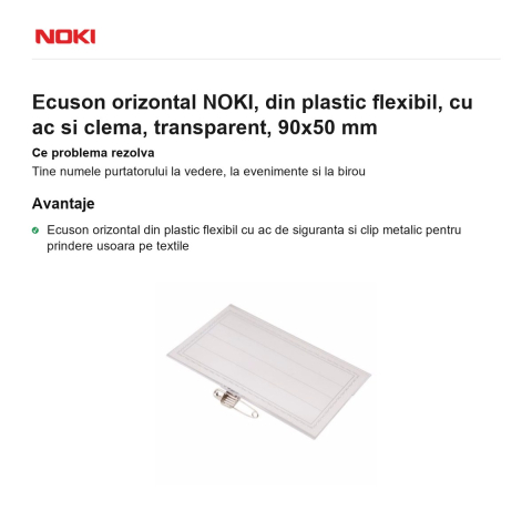 Ecuson orizontal NOKI, din plastic flexibil, cu ac si clema, transparent, 90x50 mm [1]