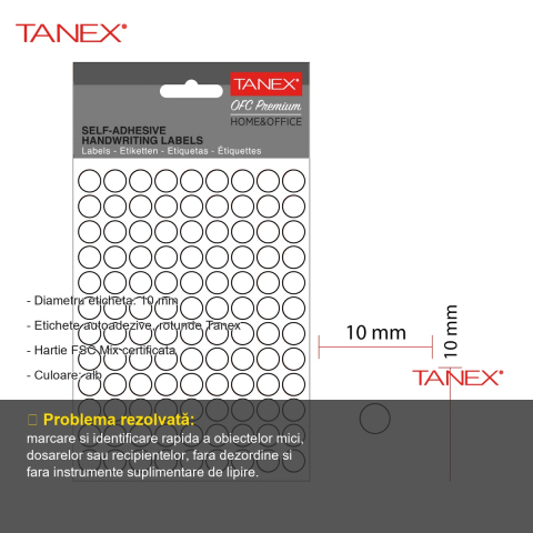 Etichete autoadezive rotunde Tanex, diametru 10 mm, albe, set 1080 bucati, hartie FSC certificata [1]
