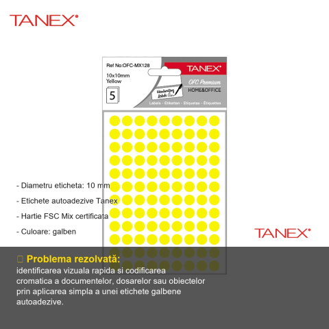 Etichete autoadezive rotunde Tanex, diametru 10 mm, culoare galbena, set 540 bucati, pentru marcare si organizare [1]