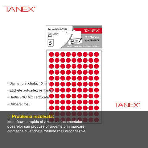 Etichete autoadezive rotunde Tanex, diametru 10 mm, culoare rosie, set 540 bucati, hartie FSC certificata [1]