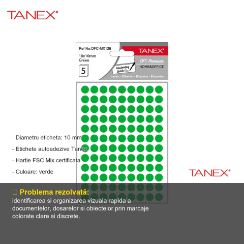 Etichete autoadezive rotunde Tanex, diametru 10 mm, culoare verde, set 540 bucati, hartie FSC certificata [1]