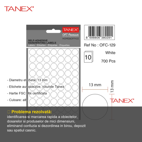 Etichete autoadezive rotunde Tanex, diametru 13 mm, albe, set 700 bucati, pentru marcare si organizare [1]