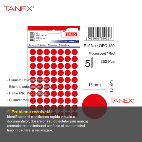 Etichete autoadezive rotunde Tanex, diametru 13 mm, culoare rosie, set 350 bucati, pentru marcare si organizare [1]