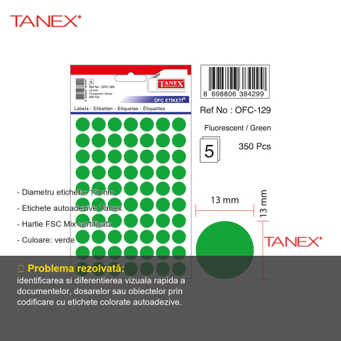 Etichete autoadezive rotunde Tanex, diametru 13 mm, culoare verde, set 350 bucati, pentru codificare si organizare [1]