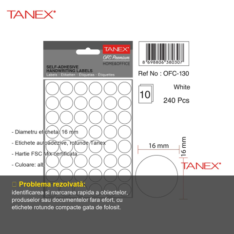 Etichete autoadezive rotunde Tanex, diametru 16 mm, albe, set 480 bucati, hartie FSC certificata [1]