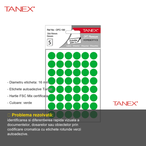 Etichete autoadezive rotunde Tanex, diametru 16 mm, culoare verde, set 240 bucati, pentru marcare si organizare [1]