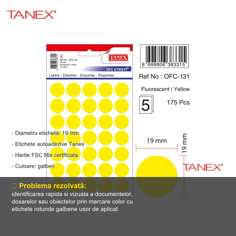 Etichete autoadezive rotunde Tanex, diametru 19 mm, culoare galbena, set 175 bucati pe folii [1]