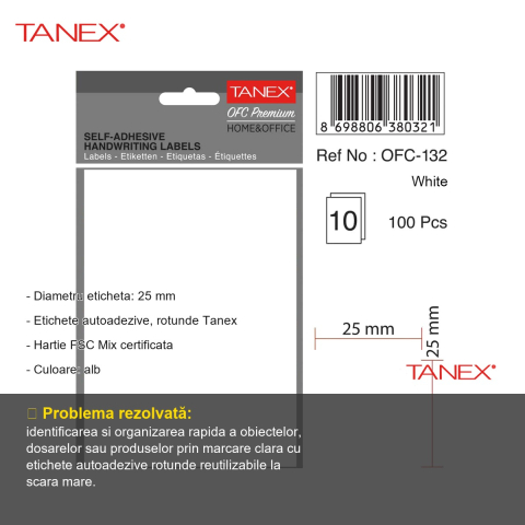 Etichete autoadezive rotunde Tanex, diametru 25 mm, albe, hartie FSC certificata, set 200 bucati [1]