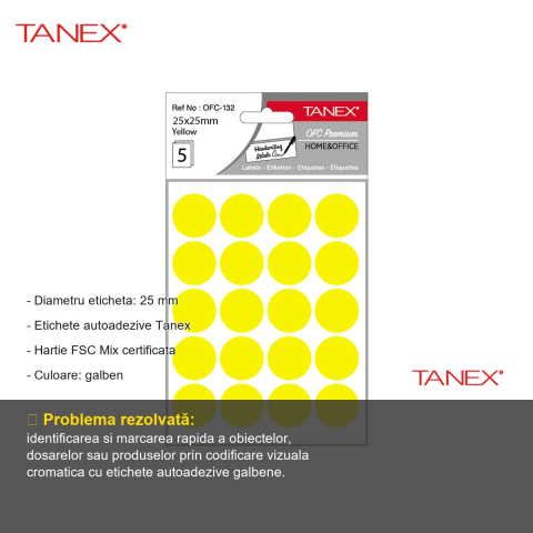 Etichete autoadezive rotunde Tanex, diametru 25 mm, culoare galbena, set 100 bucati, pentru organizare si marcare [1]