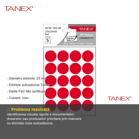 Etichete autoadezive rotunde Tanex, diametru 25 mm, culoare rosie, set 100 bucati, pentru marcare si organizare [1]