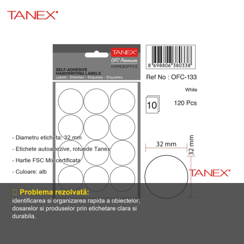 Etichete autoadezive rotunde Tanex, diametru 32 mm, albe, set 120 bucati, pentru organizare si etichetare [1]