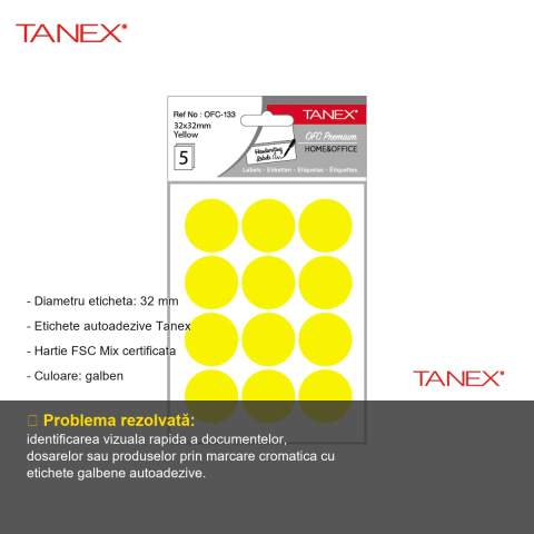 Etichete autoadezive rotunde Tanex, diametru 32 mm, culoare galbena, set 60 bucati, pentru organizare si marcare [1]