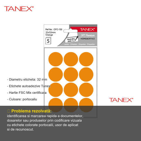 Etichete autoadezive rotunde Tanex, diametru 32 mm, culoare portocaliu, set 60 bucati, hartie FSC certificata [1]