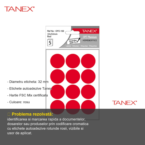 Etichete autoadezive rotunde Tanex, diametru 32 mm, culoare rosie, set 60 bucati, pentru organizare si marcare [1]
