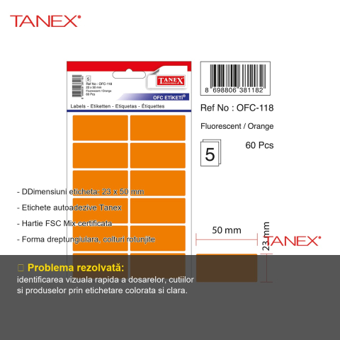 Etichete autoadezive Tanex, 23x50 mm, colturi rotunjite, culoare portocaliu, set 60 bucati [1]