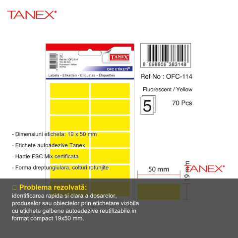 Etichete autoadezive Tanex, dreptunghiulare cu colturi rotunjite, 19x50 mm, galben, set 70 bucati, hartie FSC certificata [1]