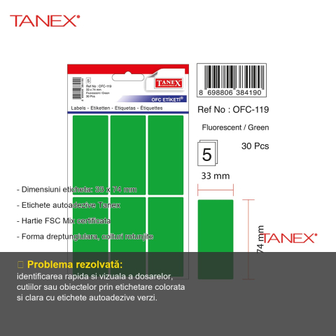 Etichete autoadezive Tanex, dreptunghiulare cu colturi rotunjite, 33x74 mm, verde, set 30 bucati [1]