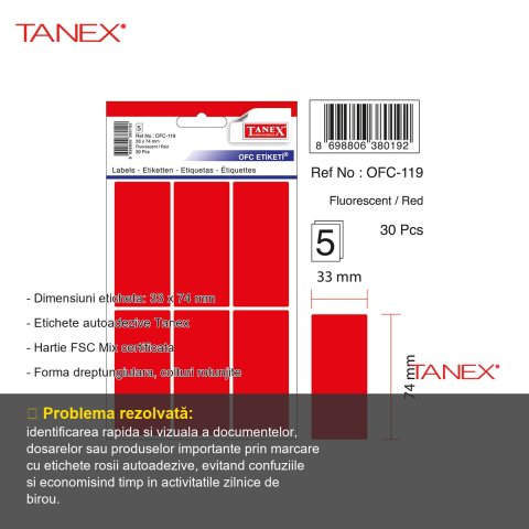 Etichete autoadezive Tanex, dreptunghiulare cu colturi rotunjite, rosii, 33x74 mm, set 30 bucati, hartie FSC certificata [1]