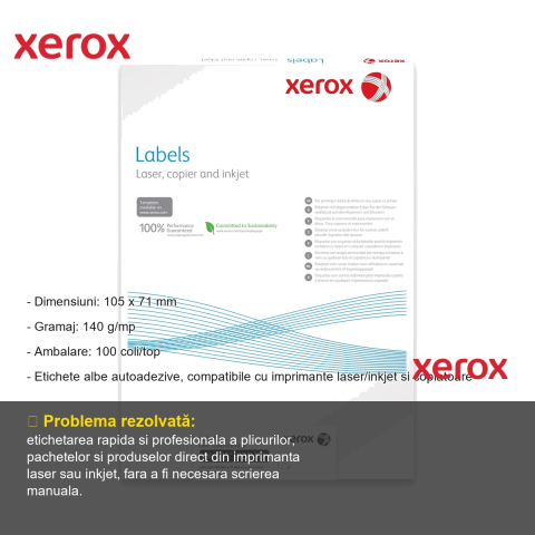 Etichete autoadezive Xerox, 105 x 71 mm, 8/coala A4, colturi drepte, compatibile laser/inkjet, 100 coli/top [1]