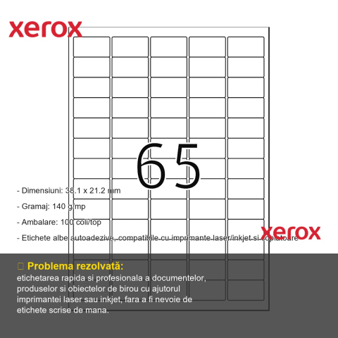 Etichete autoadezive Xerox, 38.1 x 21.2 mm, colturi rotunde, compatibile laser/inkjet, 100 coli/top [1]