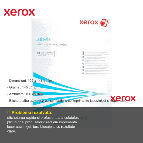 Etichete autoadezive Xerox, format A6 (105 x 148.5 mm), 4/A4, colturi drepte, compatibile laser/inkjet, 100 coli/top [1]