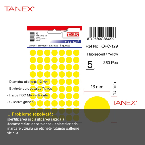 Etichete rotunde autoadezive Tanex, diametru 13 mm, culoare galbena, 350 bucati pe set, pentru marcare si organizare [1]