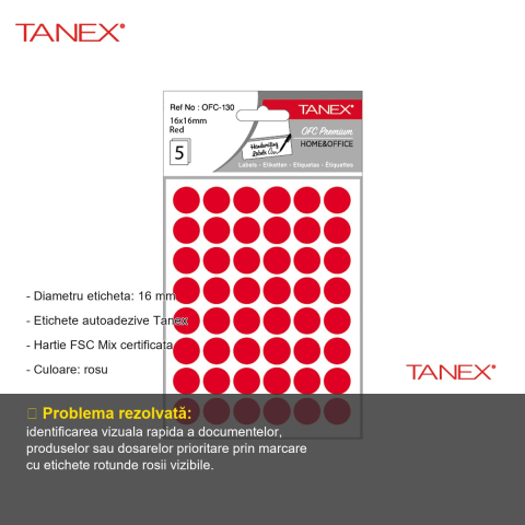 Etichete rotunde autoadezive Tanex, diametru 16 mm, culoare rosie, set 240 bucati pe folii [1]