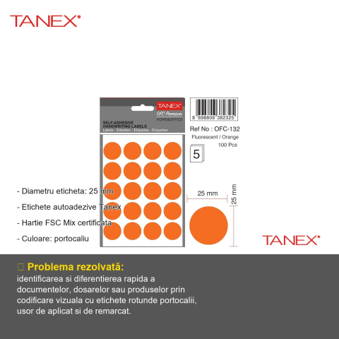 Etichete rotunde autoadezive Tanex, diametru 25 mm, culoare portocaliu, set 100 bucati, hartie FSC certificata [1]